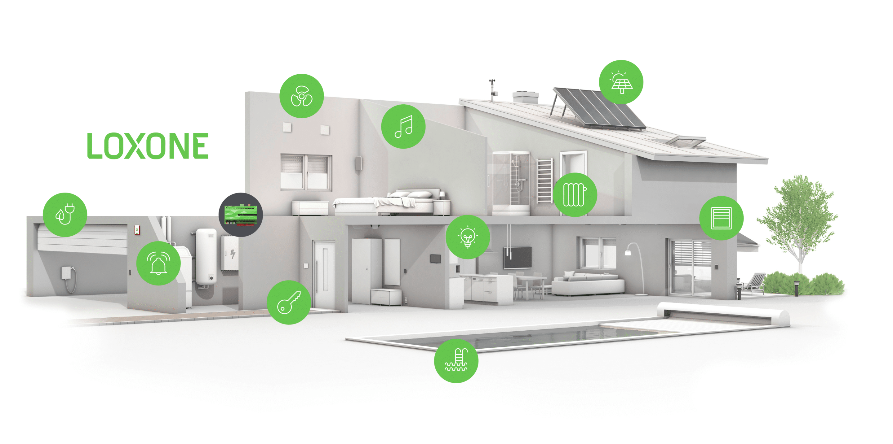 A cutaway image of a house with all features possibel to include in a smart home e.g. windows, heating, security